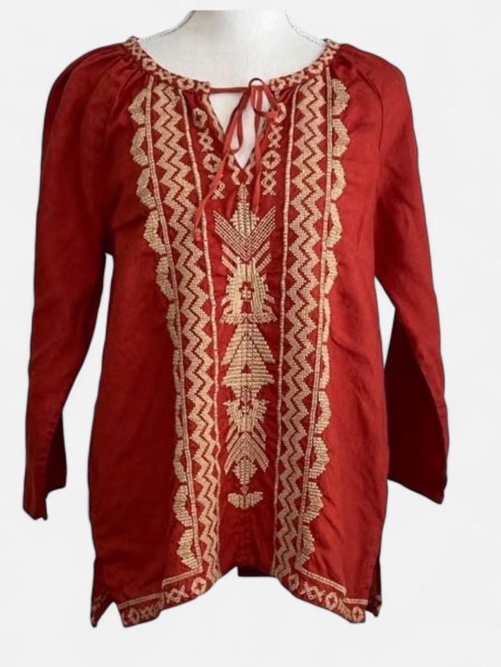 Johnny Was “Tracy” Linen Embroidered Peasant Blouse · Adobe Red · XS